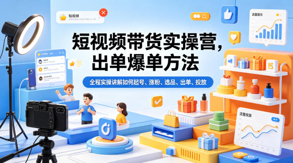 短视频带货实操营，出单爆单方法，全程实操讲解如何起号、涨粉、选品、出单、投放-小明副业导航站