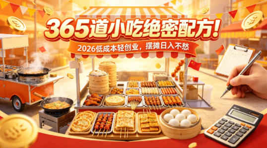365道小吃绝密配方！2026低成本轻创业，摆摊日入不愁-小明副业导航站