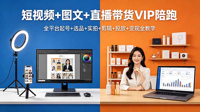 短视频+图文+直播带货VIP陪跑，全平台起号+选品+实拍+剪辑+投放+变现全教学-小明副业导航站