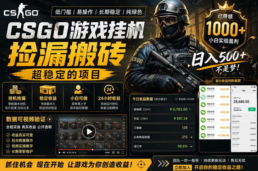 CSGO游戏搬砖，全自动挂G，不需要玩游戏，手机操作日入300+，解放双手【揭秘】-小明副业导航站