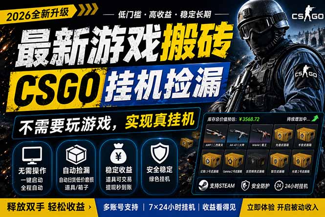 最新游戏搬砖，CSGO纯挂机，不需要玩游戏，实现真挂机，月入1W+，五一小高峰上车可吃肉，...-小明副业导航站