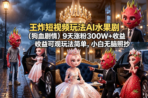 王炸短视频玩法AI水果剧(狗血剧情)9天涨粉300W+收益可观玩法简单，小白无脑照抄，详细拆解玩法-小明副业导航站