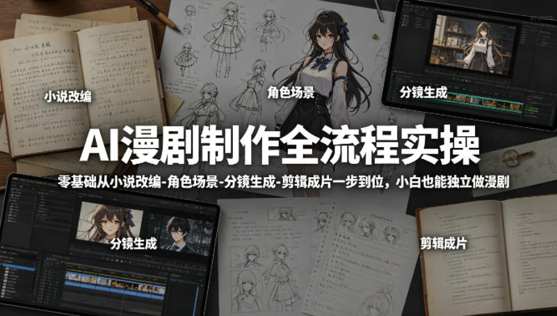 AI漫剧制作全流程实操，零基础从小说改编-角色场景-分镜生成-剪辑成片一步到位，小白也能独立做漫剧-小明副业导航站