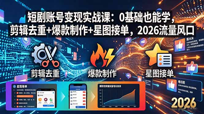 短剧账号变现实战课：0基础也能学，剪辑去重+爆款制作+星图接单，2026流量风口-小明副业导航站