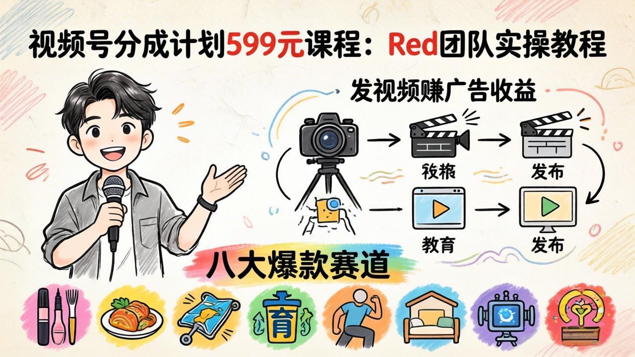 视频号分成计划599元课程：Red团队实操教程，发视频赚广告收益，八大爆款赛道全掌握-小明副业导航站