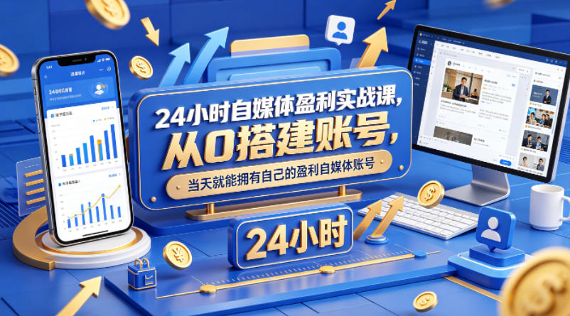 24小时自媒体盈利实战课，从0搭建账号，当天就能拥有自己的盈利自媒体账号-小明副业导航站