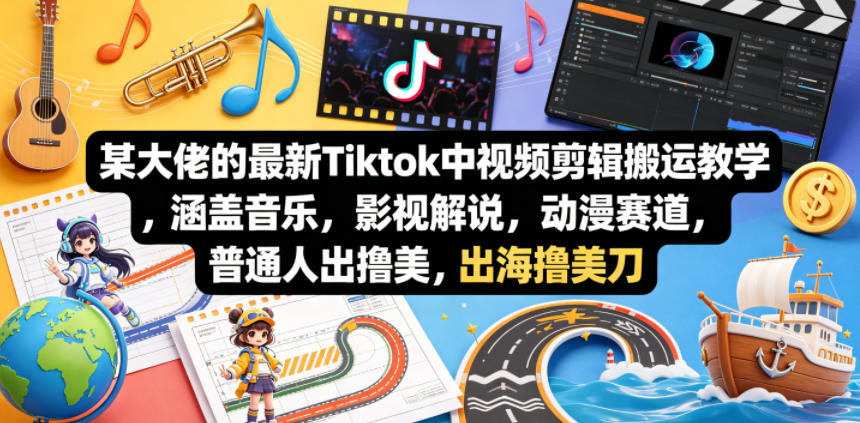 某大佬的最新Tiktok中视频剪辑搬运教学，涵盖音乐，影视解说，动漫赛道，普通人出海撸美刀-小明副业导航站