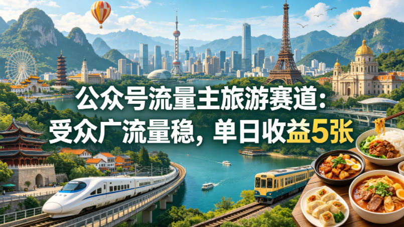 公众号流量主之旅游赛道，受众广+流量稳，平均单日收益5张+-小明副业导航站