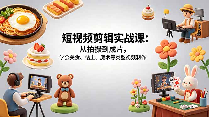 短视频剪辑实战课：从拍摄到成片，学会美食、粘土、魔术等类型视频制作-小明副业导航站