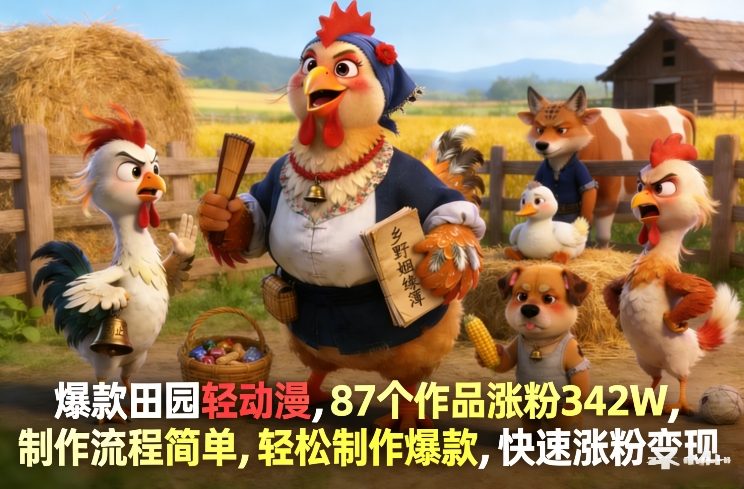 爆款田园轻动漫，87个作品涨粉342W，制作流程简单，轻松制作爆款，快速涨粉变现-小明副业导航站