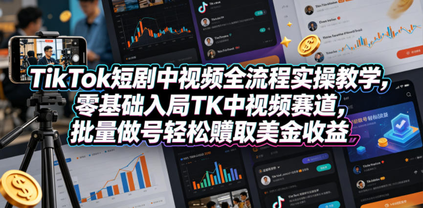 TikTok短剧中视频全流程实操教学，零基础入局TK中视频赛道，批量做号轻松賺取美金收益-小明副业导航站