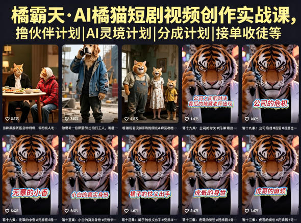 橘霸天·AI橘猫短剧视频创作实战课,撸伙伴计划|AI灵境计划|分成计划|接单收徒等-小明副业导航站