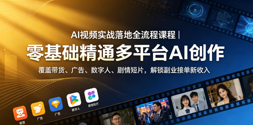AI视频实战落地全流程课程|零基础精通多平台AI创作,覆盖带货、广告、数字人、剧情短片,解锁副业接单新收入-小明副业导航站