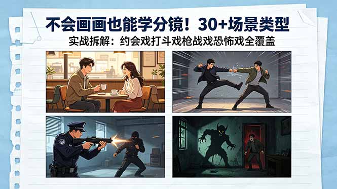 不会画画也能学分镜!30+场景类型实战拆解:约会戏打斗戏枪战戏恐怖戏全覆盖-小明副业导航站